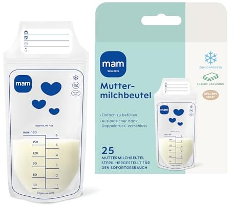 MAM Muttermilchbeutel | Stillbeutel aus BPA- & BPS-freiem Material | Auslaufsichere Milchbeutel mit Doppeldruckverschluss | Praktischer Standboden | Flach & platzsparend | 180 ml | 25 Stück