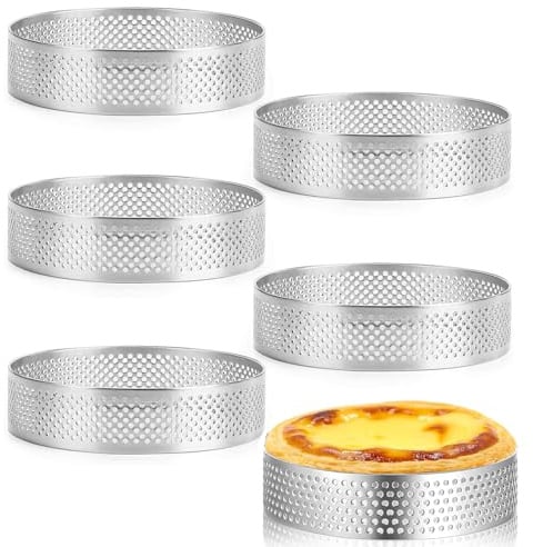 YXHZVON 6PCS Stainless Steel Tart Ring, Perforated Stainless Steel Baking Rings, Perforated Tart Ring, Heat-Resistant Cooking Ring for Cakes, Muffins & Mini Pizzas (8cm)