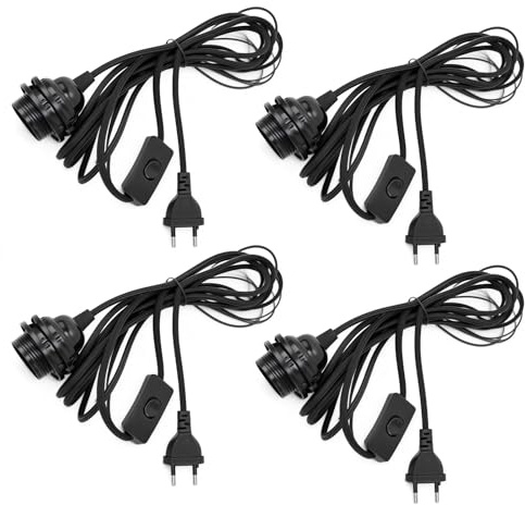 4 Douilles E14 avec Câble et Interrupteur, Douille E14 avec Cordon D'alimentation de 3,5 m, Interrupteur à Bague, Suspension pour Salon, Chambre et Cuisine (Noir)