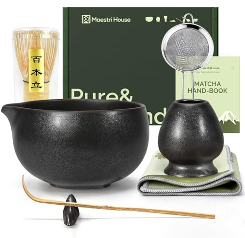 Maestri House Matcha Set, Bamboo Ceramic Matcha Kit, Matcha Whisk Set 7 Pcs | Basalt Black Matcha Bowl, Whisk, Holder, Tea Scoop, Scoop Rest, Steel Sifter, Tea Cloth, Gift for Matcha Lovers and Family