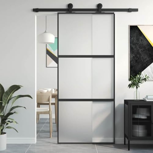 Porta scorrevole nera, 90 x 205 cm, in vetro temperato e alluminio opaco, spessore 5 mm, porta interna con telaio, completa per porta scorrevole, silenziosa e durevole