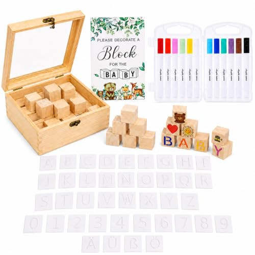 102 Stück Party Spiele Set für Gender Reveal, mit 48 Holzfiguren zum Bemalen, 40 Schablonen, 12 Acrylstifte, für kreative Gästeaktivitäten, als Geschenk für werdende Mütter