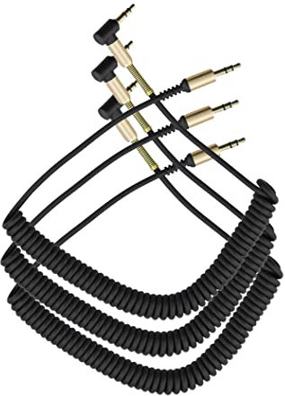 LiKuCo 3Pack 3.5mm Coiled Audio Cable Cord, 90 Degree Right Angle AUX Cable with Steel Spring Relief for Headphones, iPods, iPhones, iPads, Home/Car Stereos and More (3Pack Black)