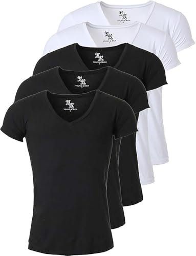 Young & Rich Herren Uni T-Shirt mit extra tiefem V-Ausschnitt Slimfit Stretch Dehnbare Passform einfarbiges Basic Shirt - 5er Pack, Grösse:XXL, Farbe:3 x Schwarz / 2 x Weiß