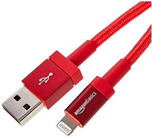 Amazon Basics – Verbindungskabel USB-A auf Lightning, Nylon-umflochten, MFi-zertifiziertes Ladekabel für iPhone, rot, 1.8 m