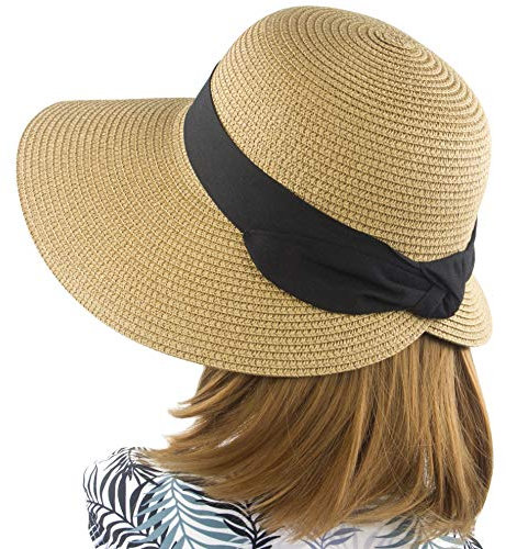 Chapeau de soleil pour femme à large bord pliable en paille - Marron - Taille unique
