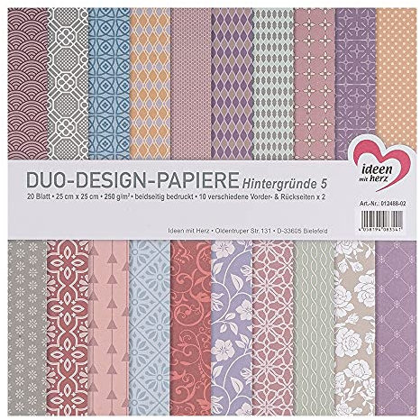 Ideen mit Herz Duo-Design-Papiere | Block mit 20 Blatt Bastelpapier | 25 x 25 cm | 250g/m² | beidseitig bedruckt | Designpapier, Motivpapier | ideal für Scrapbooking, Basteln (Hintergründe 05)