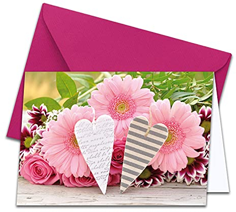 NEUSER PAPIER XXL Glückwunschkarte für jeden Anlass, DIN A4 - große Grußkarten - 1 Stück - Grußkarten Set mit großem Umschlag DIN C4 - Blumen mit Herzen
