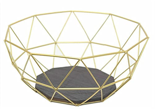 Fruit Bowl Wire Fruit Basket for Kitchen Countertop Fruits and Vegetables Holder Geometric Design Kitchen Bowl Garage Camping Camper Van Wood Base Lightweight Storage (Gold)
