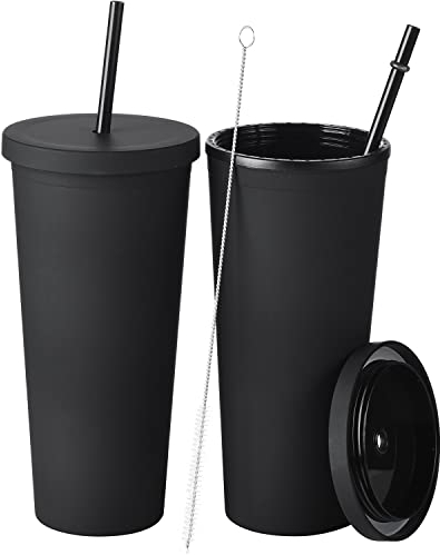 ALINK Kunststoffbecher mit Deckel und Strohhalm, 625 ml, wiederverwendbarer Becher mit Strohhalm-Deckel, doppelwandige Wasserflasche, Eiskaffee, Reisebecher mit Strohhalmbürste, Schwarz, 2 Stück