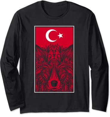 Cadeau turc avec mandala loup göktürk drapeau turc Manche Longue