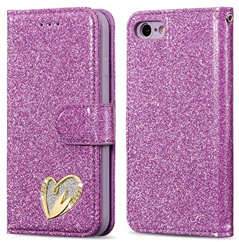 QLTYPRI Wallet Case for iPhone 7/8/SE 2020/SE 2022 5G, Glitter PU Leather Case Card Holder Kickstand Wrist Strap Inlaid Heart Diamond Flip Folio Cover for iPhone 7/8/SE 2020/SE 2022 - Purple