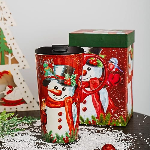 DUSVALLY Coffee Mug Coffee Cups Ceramic Mug with Box 17oz Large Mug Ceramic Tea Cup with Handle and lid,17oz,Red and Snowman
