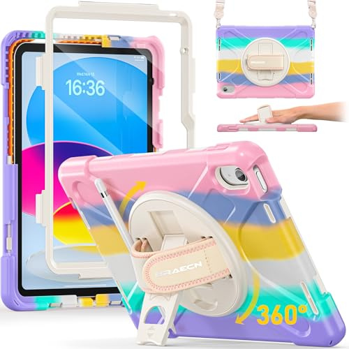 BRAECN für iPad (A16) 11/10 Generation Hülle - 11 Zoll 10.9 Zoll 2025/2022 | Robuste Stoßfeste Schutzhülle mit Displayschutz, Stifthalter, 360° Drehbarer Handgurt und Ständer, Schultergurt, Farbig