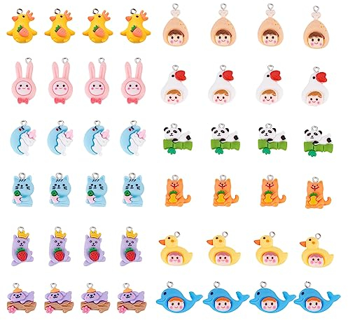 DICOSMETIC 48 Stück 12 Stile Harz Tier Charms Harz Flatback Anhänger 3D Tiere Charms Hase/Delfin/Ente/Gans/Hund/Panda/Koala/Katze Harz Charms Für DIY Armbänder Halsketten Schmuck Handwerk