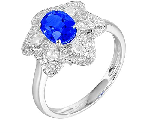 Bishilin Ringe 750 Weißgold für Frauen, Trauringe Blume mit 1.3ct Saphir und 0.35ct Weißer Saphir Verlobungsringe Hochzeit Ring mit Diamant Große 48 (15.3)