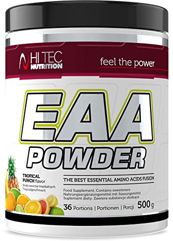 Hi Tec Nutrition EAA Pulver 500 g Tropischer Punch mit L-Glutamin & Taurin | Vollständiges Aminosäurespektrum 14 g in 300 ml Wasser, 2500 mg L-Leucin, Niacin + Vitamin B6/B12, vor/während/nach Training