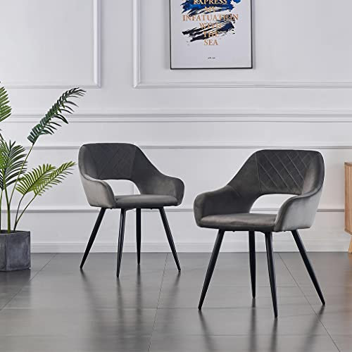 JaHECOME Samt Esszimmerstuhl, Sessel, Wohnzimmerstuhl, Farbe wählbar, modernes Design, gepolsterter Sitz mit offener Rückenlehne, Schwarze Metallbeine für Küche, Schlafzimmer, Esszimmer (2, grau)