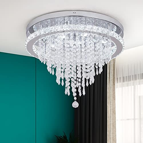Deckrico Crystal Chandelier Modern LED Ceiling Lamp Flush Mount Lighting Fixture for Living Room Bedroom Kitchen Dining Room (Cool White)
