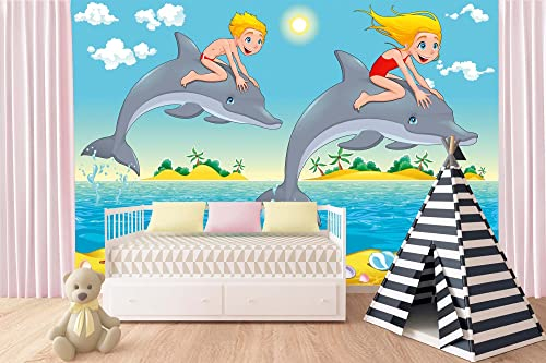 Vlies Fototapete KINDER UND DELFINE 375 x 250 cm (inkl. Kleister) - Vlies Tapete, Wandtapete, Wandbilder - Tapete für Wohnzimmer Schlafzimmer, Büro, Küche - Montagefertig