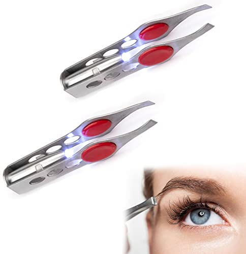 Pince à Épiler avec Lumière LED Pince à épiler Professionnelle Pince à épiler Lumineuse Pince à épiler Sourcils en Acier Inoxydable Brucelles Lumineuses Pince à Épiler de Maquillage avec Lumière 2Pcs