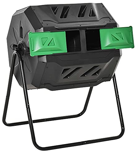 Compostador de Tambor Outsunny, compostador de jardín de 160 litros con 2 Compartimentos, compostador rápido Giratorio, para residuos orgánicos y de jardín, Negro