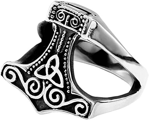 VELESAY Thor Hammer Ring Stainless Steel Men's Ring Vintage Gothic Retro Viking Nordic Ring Hip Hop Punk Biker Viking Rings