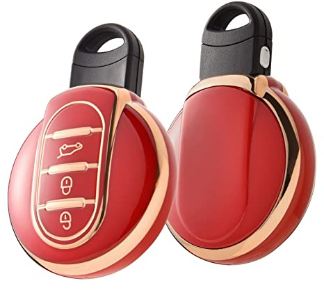 OATSBASF Autoschlüssel Hülle für BMW Mini, Schlüssel Hülle Kompatibel für Mini Schlüsselhülle, TPU Schlüsselbox Cover für Cooper One S F54 F55 F56 F57 F60 3-Tasten (Goldener Rand-Rot)