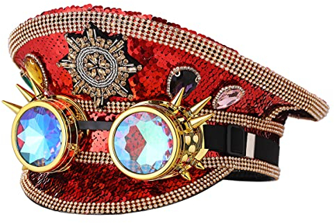 COSDREAMER Herren Steampunk Top Hats Pailletten Brille Militär Cap Punk Halloween Klassische Armee Militär Cap (Rot)