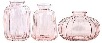 Surwin Glasvase Deko 3 Stück, Gross Klar Glasvase 8-10cm Hoch -Vintage Deko Vase Tischdekoration Klarem Blumenvase für Wohnzimmer Büro Dekoration Heimdekoration, Hochzeits (Rosa)