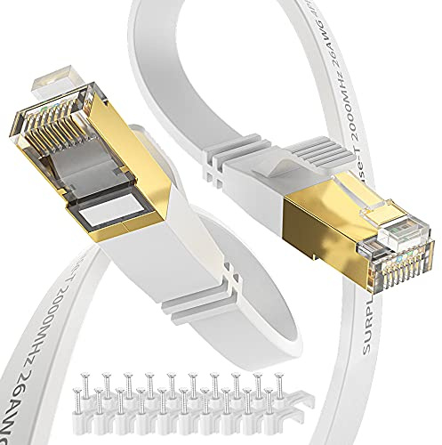 Cat8 Ethernet Cable 100FT-White-40Gbps High Speed Outdoor&Indoor Double Shielded with Ground Wire & Gold-Plated RJ45 Flat Cord for Long Distance IP-Camera,TV,Router,NAS(50 Clips)