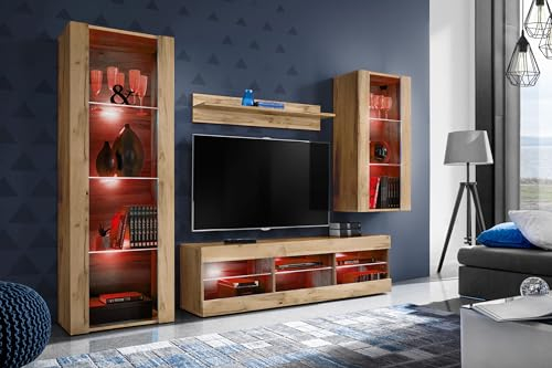 Komodee Wohnwand Wohnzimmerset Tivoli Medio, Wotan/Wotan, Breite 245cm x Höhe 159cm x Tiefe 35cm, LED RGB, für Wohnzimmer, Schlafzimmer