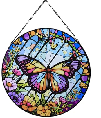 Payutou Schmetterlings-Glasmalerei zum Aufhängen, 20 cm, handbemalt, Sonnenfänger, Gartenbehang, Weihnachten, Muttertag, Valentinstag, Ornamente, Festival-Geschenk (ein Stil)