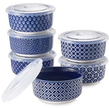 DOWAN Ramekins with Lids, 6 OZ Porcelain Ramekin Dishes for Creme Brulee Soufflé, Egg Mould, Muffin Cases, Mini Dip Bowl, Baking Bowl for Oven & Air Fryer, Vintage Blue, Pack of 6