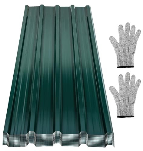 Ikodm 12 x Trapezblech 129x46cm, 7m² Dachblech Profilblech, Verzinkt Wellblech 0,25 mm Rostresistent, Dachblech Wellblech für Carport, Trapezblech Grün, mit Handschuhe