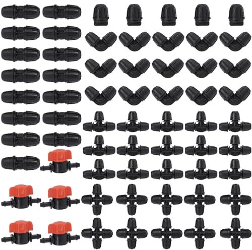 iBamso 1/4 Zoll Drip Bewässerung Fittings Kit, Stachel 4-Wege-Steckverbinder,Tee-Fittings, 90° Grad Bögen, Endstücke, Ventile, Tropfbewässerungssystem für Garten Rasen Landwirtschaft(4/7mm)- 65 Stück