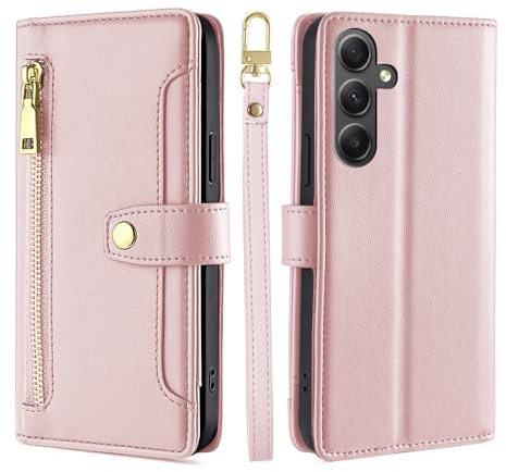 Handykette kompatibel mit Samsung Galaxy A35 | Leder Handyhülle mit Kartenfächern | Handyhülle zum Umhängen | Rosa