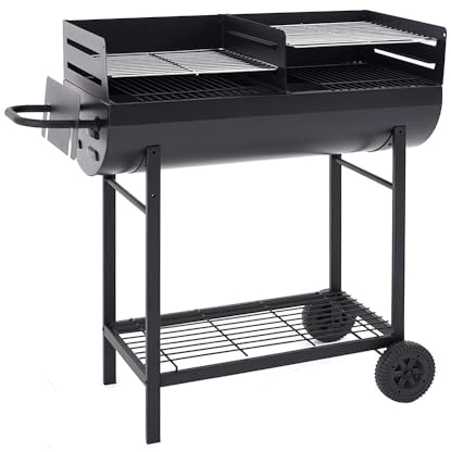 Panana HalF Open Barrel Oil Drum Barbecue Grill, Trolley Portable Outdoor Charcoal BBQ Grill Cart 2 Rolling Wheels Black