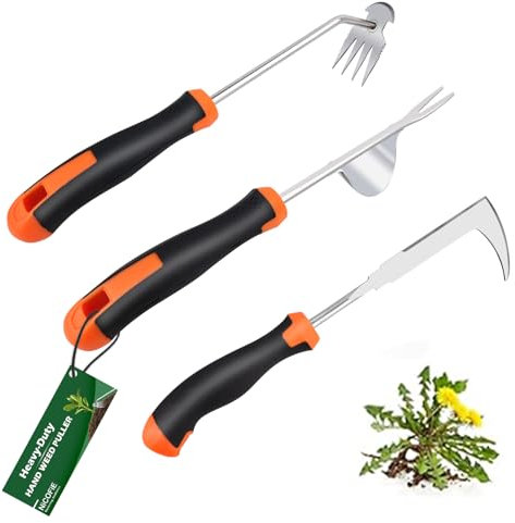Nicofie 2026 Hand Weeder Tool, Rubber Handle Manual Weeder Puller Tool, Uprooting Weeding Tools, Crack Weeder Crevice, 4 Teeth Weeding Tool, Weeding Artifact Tool for Gardening(3 Pcs)