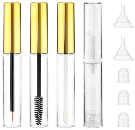 4 Pcs 10ml Empty Mascara Tube and Wand Refillable Clear Mascara Tube Lip Gloss Containers Eyeliner Tube Airless Pump Bottles Set Travel Container with Bottle Stopper and Funnels (Gold)