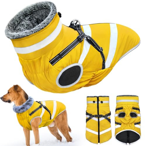 Oslueidy wasserdichte Hundemäntel, Winter Warme Hunde Jacken Reflektierende Haustier Kleidung Hund Kalte Wetter Mäntel Gemütliche Schnee Anzug Jacke Weste für kleine mittlere große Hunde (Gelb, 4XL)