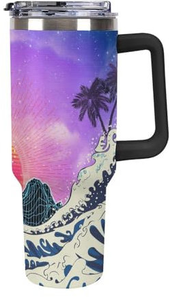 Niapessel Leak Proof Tumbler, Insulated Water Bottles with Straw, Retro Japanese Ocean Insulated Cup with Handle 40 Oz Stainless Steel Flask for School, Travel, Car, Sports, Work