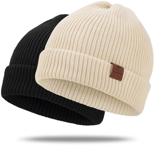 BARFULKER Beanie Mütze Damen Herren, Winter Warm Strickmütze Wintermützen Thermo Laufmützen Dehnbare Weiche Wollmütze mit Bündchen und Dickem Warmem Futter Geschenk Unisex,Schwarz/Weiß