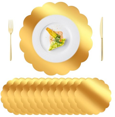 DI QIU REN 100 Stück gewellte goldene Platzsets, 34,3 cm, Einweg-Papier für Esstisch, verspiegelte goldene Ladegeräte, Platzsets für Geburtstag, Bankett, Party, Urlaub, Hochzeit