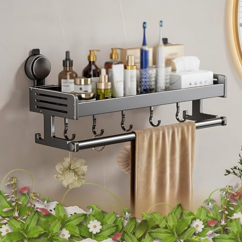 Étagère De Salle De Bain avec Porte-Serviettes, Organisateur De Douche Mural en Aluminium, Étagère Murale À Ventouse avec Crochets Mobiles(40cm/15.75in)