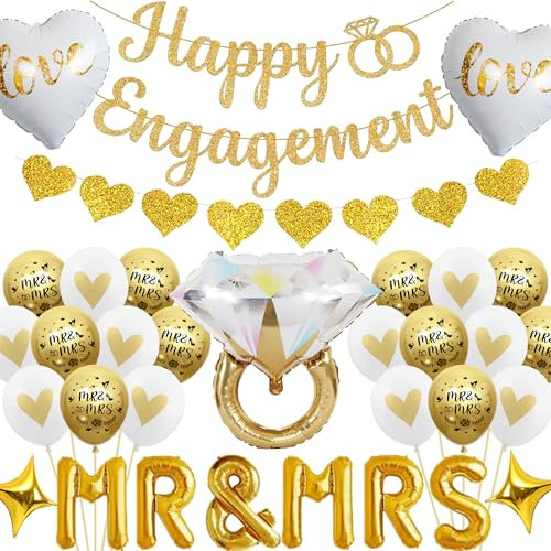 Sroeeshee Engagement Party Decorations Gold - Glitter Happy Engagement Banner and Heart Garland, 16 Inch MR & MRS Letters Balloons and Ring Diamond Foil Balloon for Engaged Bachelorette Bridal Shower