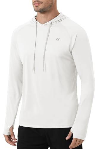 Tyhengta Mens Hoodie Sun Protection Tops Long Sleeve Summer T-Shirts Hooded UV Shirts Quick Dry Beach Swimming Shirt White,XXL