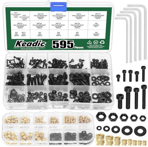 Keadic Lot de 110 inserts filetés M2 à M5 en laiton pour plastique et impression 3D, 160 boulons à tête hexagonale, 160 écrous hexagonaux, 160 rondelles, 5 clés Allen,