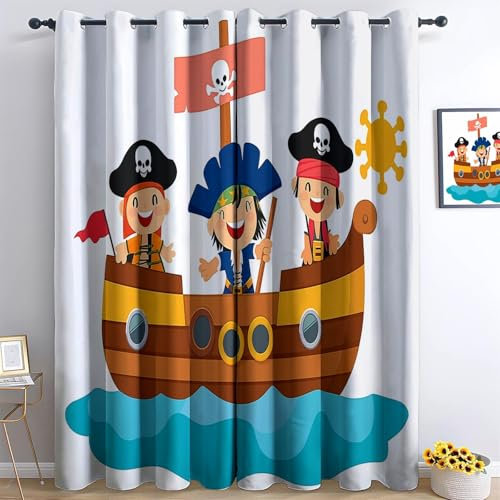 Generisch Blickdicht Vorhang Ösenschal Verdunkelungsvorhang 3D Cartoon-Piratenschiff Pirat Gardinen Kinderzimmer Wohnzimmer Thermovorhang Polyester Vorhänge H260 x B140 cm 2Er Set
