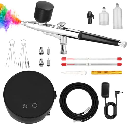 Ykall Airbrush Kit with Air Compressor, Adjustable 28/35/46 PSI, 0.2/0.3/0.5mm Nozzle, Ideal for Model Painting, Nail Art, Makeup, Cake Decorating, Tattoos